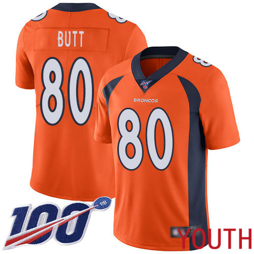 Youth Denver Broncos #80 Jake Butt Orange Team Color Vapor Untouchable Limited Player 100th Season Football NFL Jersey